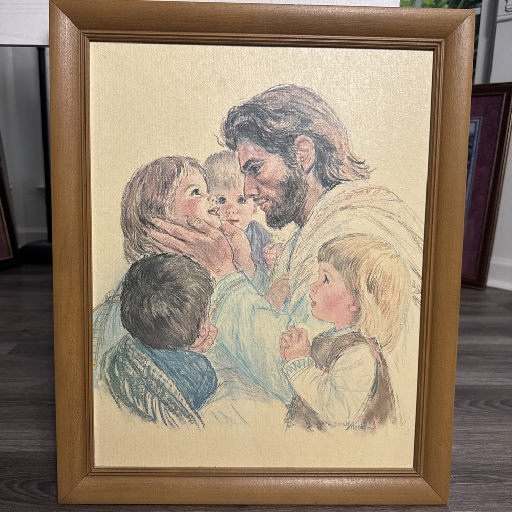 Vintage Jesus Christ Embracing Children Framed Art Print 18x20 Standard Publish